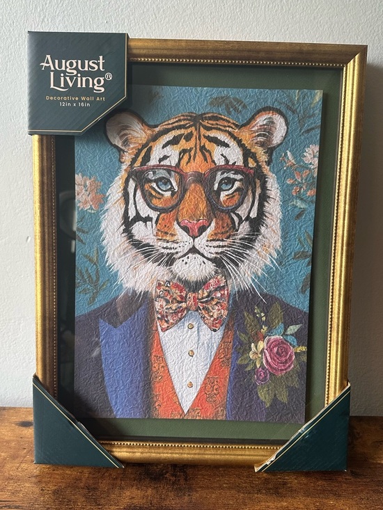 August Living Other - Framed Tiger Portrait Wall Art Tiger in Blue Suit Bow Tie Glasses Gold Frame NWT